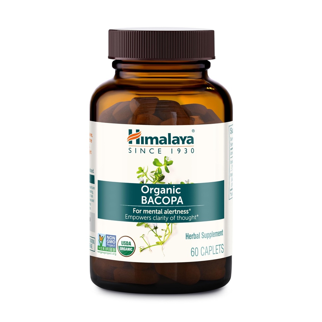 Himalaya Bacopa Monnieri Supplément à base de plantes nootropiques, soutient calme, mémoire, cognition, USDA certifié biologique, non-OGM, 750 mg, 60 Caplets à base de plantes, 60 jours d'approvisionnement