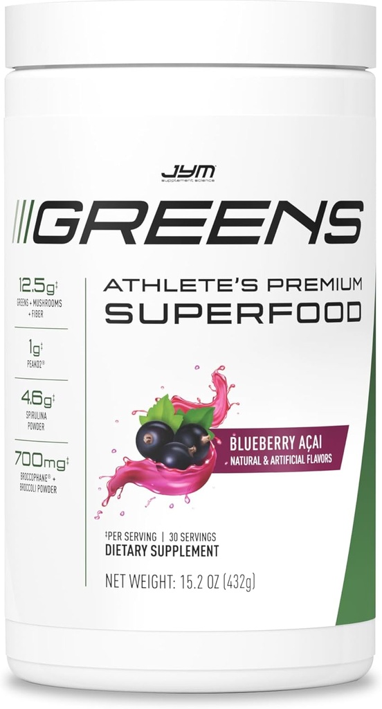 JYM Greens Super poudre alimentaire pour la performance, Blueberry Acai, Spiruline, Champignons, Vitamines, BroccoPhane et Brocoli, Hommes et femmes, 30 portions