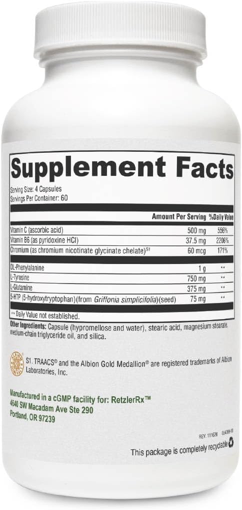 Contrôle de la crave par RetzlerRx - Soutien pour aider la Curb Appetite et la Combat Cravings - Chromium, DL-Phenylalanine, L-Glutamine, Vitamine B6 + 5-HTP pour le soutien de l'humeur et de l'appétit (240 capsules)