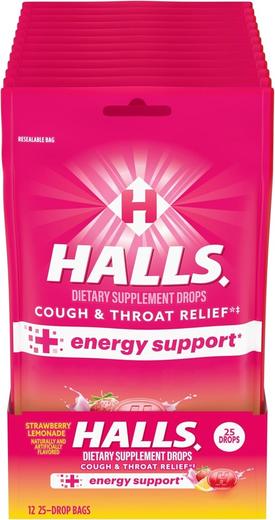 HALLS Relief + support énergétique, gouttes de charcuterie aux fraises, 12 sacs de 25 gouttes (300 gouttes totales)