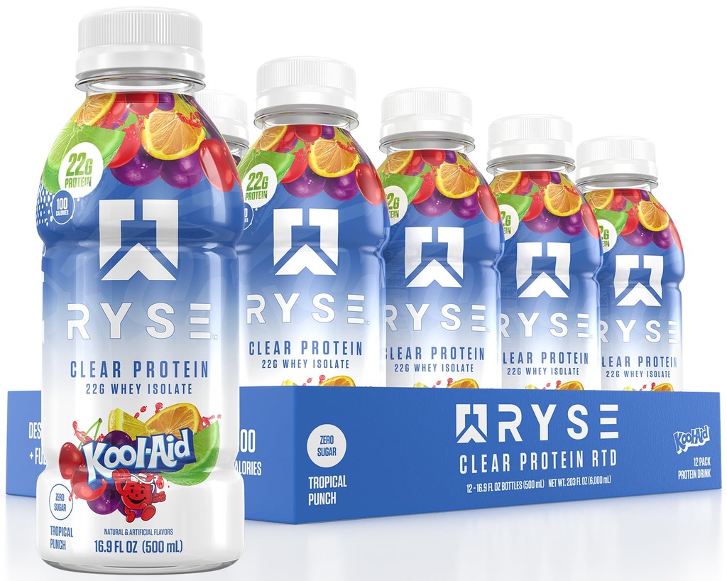 RYSE boisson de protéines claires - Kool-Aid Tropical Punch - 100 calories, 22g Whey Isolate Protein Shake, sans sucre, 0g gras et sans lactose - rafraîchissante boisson prête à boire - 16,9 fl oz bouteilles (12-pack)