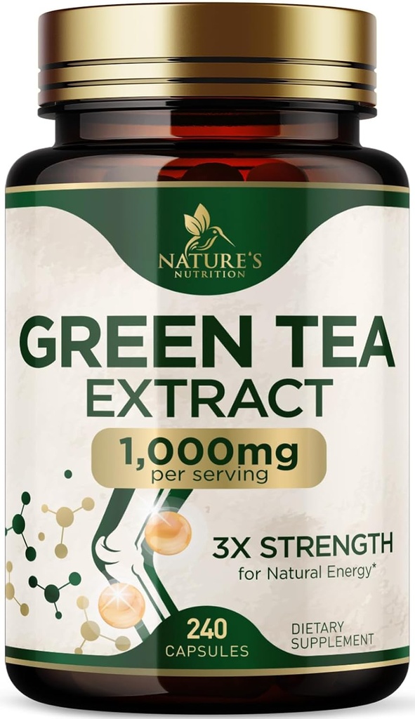 Capsules d'extrait de thé vert 1000 mg - Standardisé 45% EGCG et 98% Polyphénols - Pilules de thé vert 3X Strength pour l'énergie naturelle - Soutient la santé cardiaque, supplément à base de plantes, végétalien, non-OGM - 240 capsules