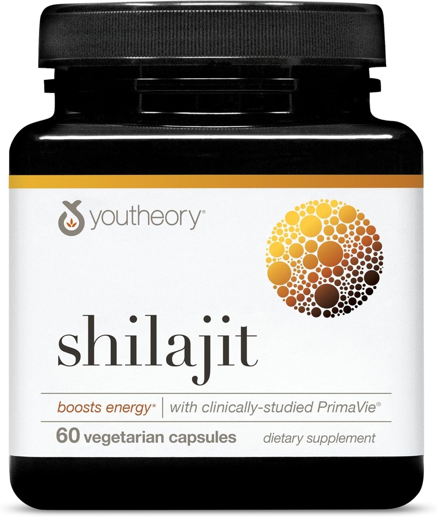Youtheory Shilajit - 500 mg Shilajit Capsules - Supplément énergétique - Shilajit soutient l'endurance et l'endurance - Himalayan pur Shilajit - sans gluten, lait et soja - 60 capsules végétariennes