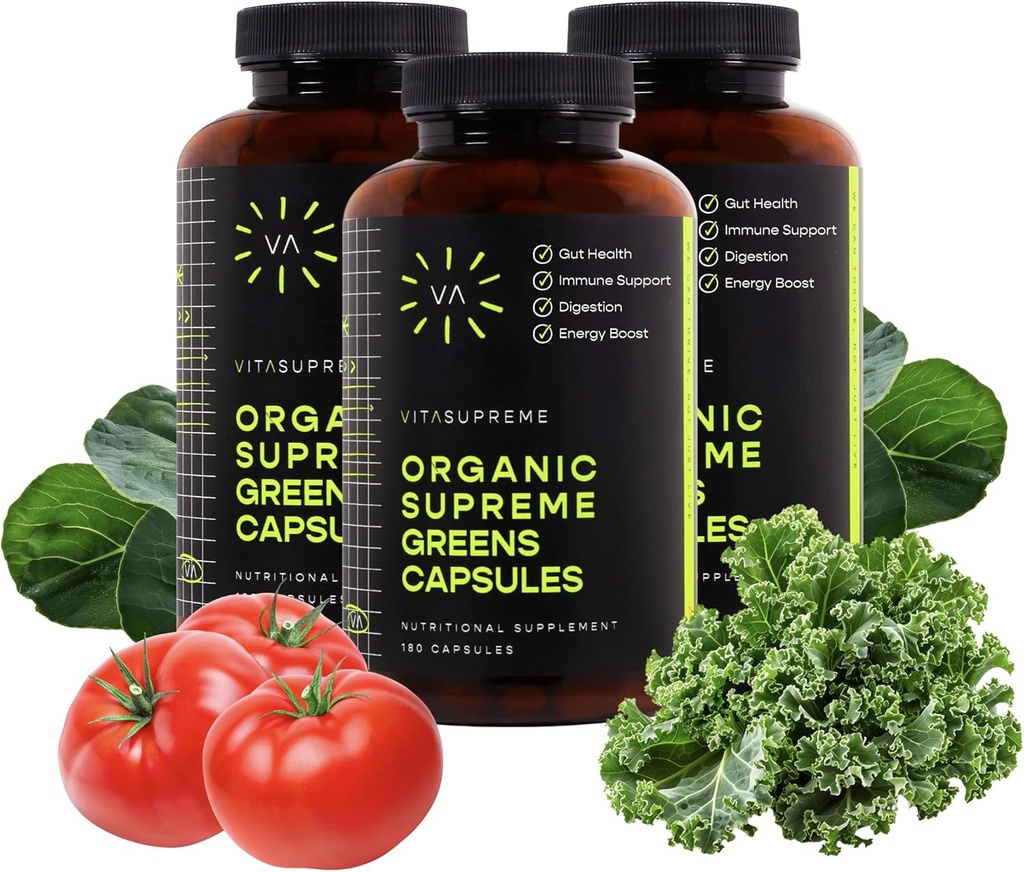 Vita Supreme Organic Super Greens Superfood Capsule, supplément nutritionnel pour la santé de Gut, le soutien immunitaire, la digestion, l'énergie et plus (non-OGM, Keto, Vegan) 180 capsules, 3 pack