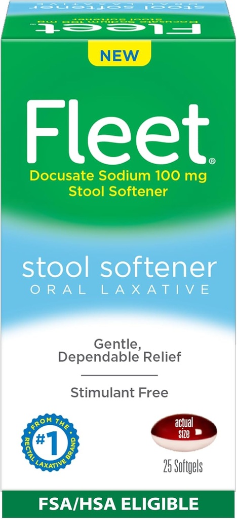 Fleet Stool Softener, Stimulant-Free Oral Laxative for Gentle and Dependable Constipation Relief, 25 Count Softgels