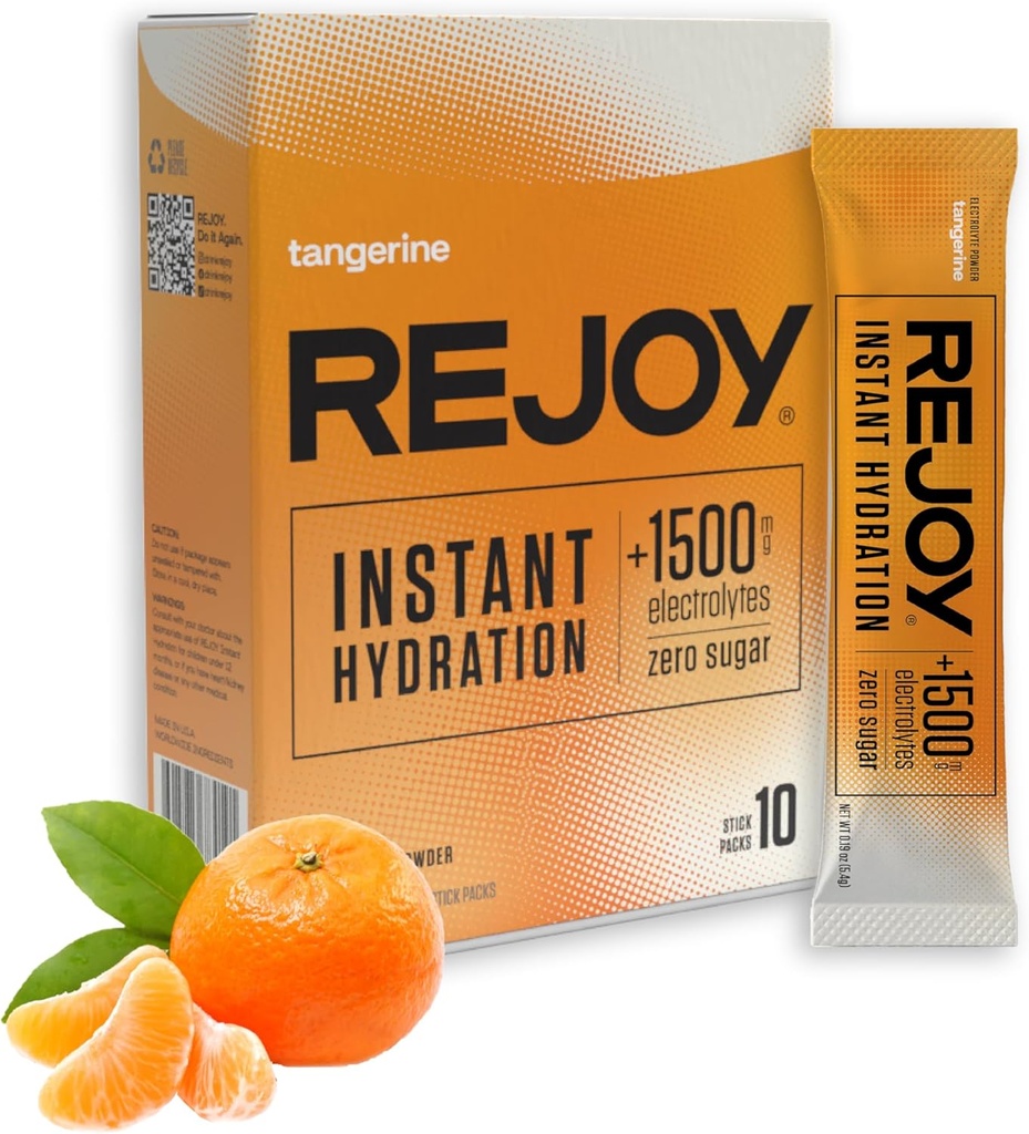Réjouissez-vous – Packs de poudre d'électrolyte, 10 bâtons – Supplément de mélange de boisson d'hydratation – sans sucre, Keto et Paléo, végétalien, non-OGM, bâton simple facile à ouvrir (mangerine)