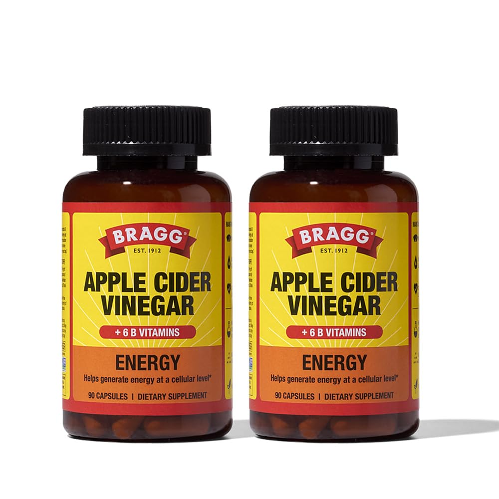 Bragg Energy Capsules de vinaigre de cidre de pomme avec des vitamines B-12 - 90 Capsules (2 Pack) – Gestion du poids - Non-OGM, végétalien, sans gluten - Aide à générer de l'énergie au niveau cellulaire pour les hommes et les femmes