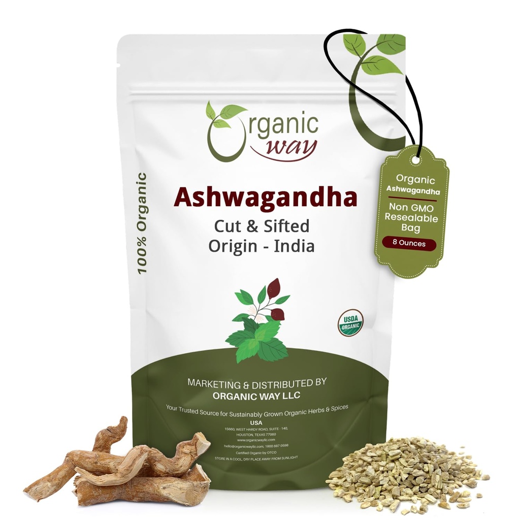 Bio Way Ashwagandha Racine coupée et tamisée (Withania Somnifera) - Organic & Kosher Certifiés - Vegan, non OGM et sans gluten - Certifié USDA Origine - Inde (1/2LBS / 8Oz.)