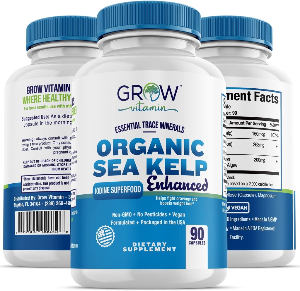 Iodine de mer biologique (Icelandic) Enhanced - Pure Healthy Thyroïde Support Supplément iode naturel avec/Organic Sea Kelp, Algae Bleu-Vert et Algae Rouge - Système immunitaire et soutien au métabolisme - 90 Capsules
