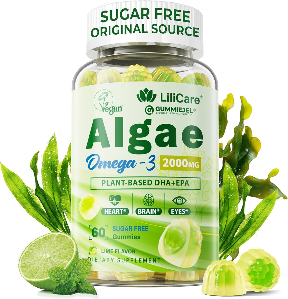 Omega 3 Gummies 2200mg de l'huile d'algues (DHA 640mg & EPA 290mg) pour les femmes et les hommes, Vegan Omega 3 Huile de poisson alternative, avec/CoQ10, Astaxanthine, vitamine A, E, D3 pour le cerveau, l'œil, antioxydant, sans sucre, 1paquet