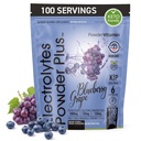 Poudre d'électrolytes Plus (100 portions) Poudre d'électrolytes de raisins de bleuet Sans sucre, Keto, 0 sucre, Pas de maltodextrine, 1000mg Potassium,120mg Calcium,120mg Magnésium, Hydratation