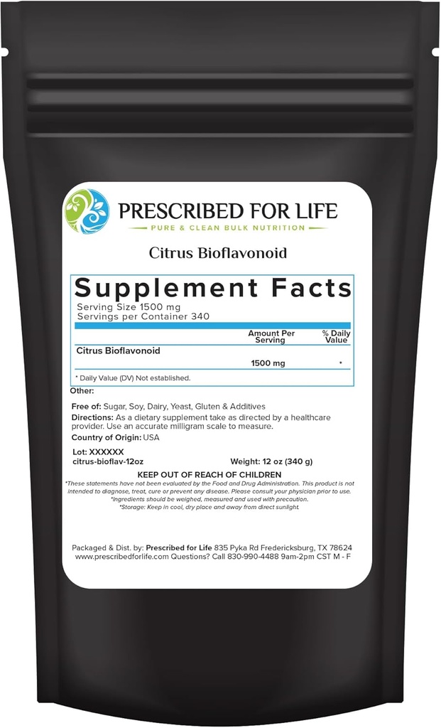 Prescripted For Life Citrus Bioflavonoïdes Poudre, Complexe Flavonoïde Pure en Poudre pour Antioxydant, Circulation, & Ear Health Support (Citrus Limonium, Paradisi, Sinensis) (12oz / 340g)