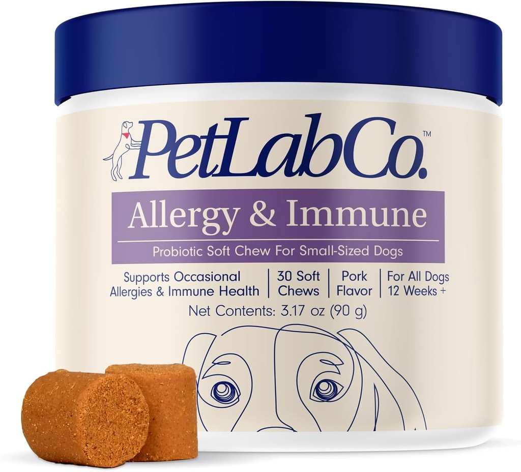PetLab Co. Allergies et immunitaires probiotiques quotidiens pour chiens. Supporte la production de levures, allergies saisonnières, Itchiness intermittente, Gut et santé digestive - 30 Chews pour petits chiens - Emballage May Vary