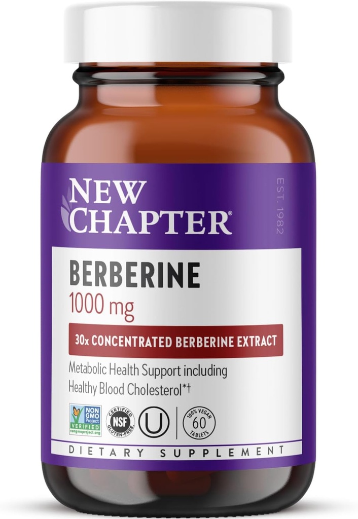 Nouveau Chapitre Berberine Supplément - Super-Potent Berberine 1000 mg, 30x Extrait de baies de baies indiennes concentrées pour soutenir la santé métabolique + santé cardiaque + soutien au glucose, végétalien, sans gluten, 60 Compte