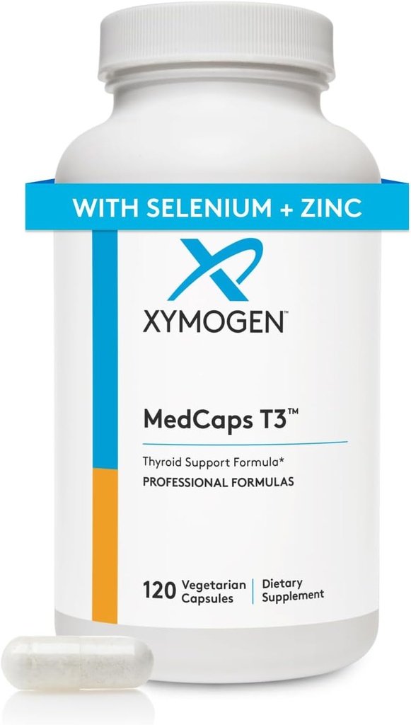 XYMOGEN MedCaps T3 - Formule de soutien à la thyroïde avec vitamines + herbes - Sélénium, zinc, vitamine E + C, Ashwagandha, extrait de Guggul et supplément d'iode (120 capsules)