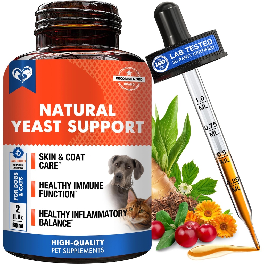 Chats et chiens naturels Traitement de l'infection des levures contre les démangeaisons - Les oreilles démangeantes, la peau et les symptômes de l'allergie soulagement - réduit l'inflammation et soulage l'irritation - gouttes de supplément de médecine à base de plantes