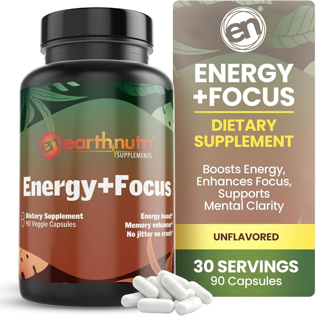 EarthNutri Energy + Focus Supplément - Energy Boost & Memory Enhancer avec PeakO2, AlphaSize, Cognizin, PurCaf, Theacrine, acétyl L-Carnitine et L-Tyrosine - 3 capsules par portion
