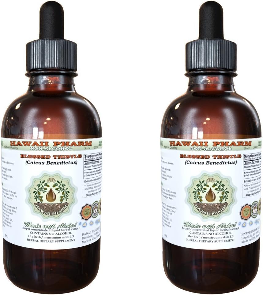 Béni Thistle Extrait liquide sans alcool, bio Béni Thistle (Cnicus benedictus) Feuille séchée, tige biologique et glycérite de fleur Hawaii Pharm complément naturel à base de plantes 2x4 oz