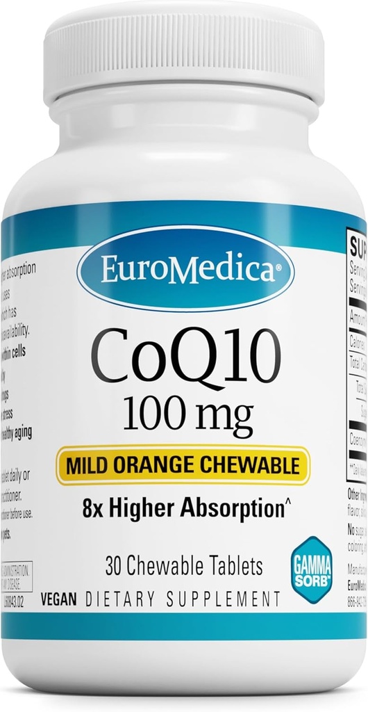 EuroMedica CoQ10 100 mg - Supplément de soutien à l'énergie cellulaire - Supplément à l'absorption plus élevée CoQ10 - Supplément nutritionnel pour aider le vieillissement en santé et la santé du cerveau - 30 comprimés à croquer