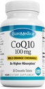 EuroMedica CoQ10 100 mg - Supplément de soutien à l'énergie cellulaire - Supplément à l'absorption plus élevée CoQ10 - Supplément nutritionnel pour aider le vieillissement en santé et la santé du cerveau - 30 comprimés à croquer