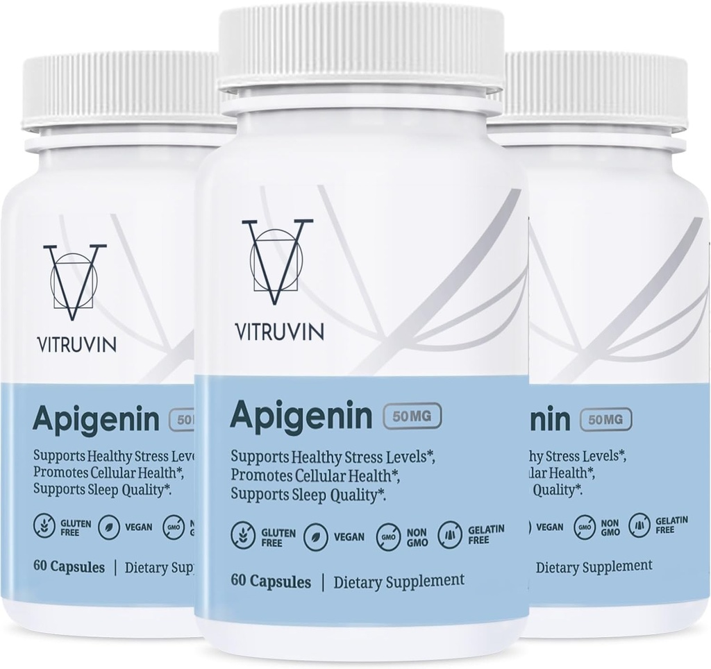 Vitruvin Apigenin 50mg, supplément bioflavonoïde, 3 bouteilles, végétalien, non-OGM, sans gluten, sans gélatine.