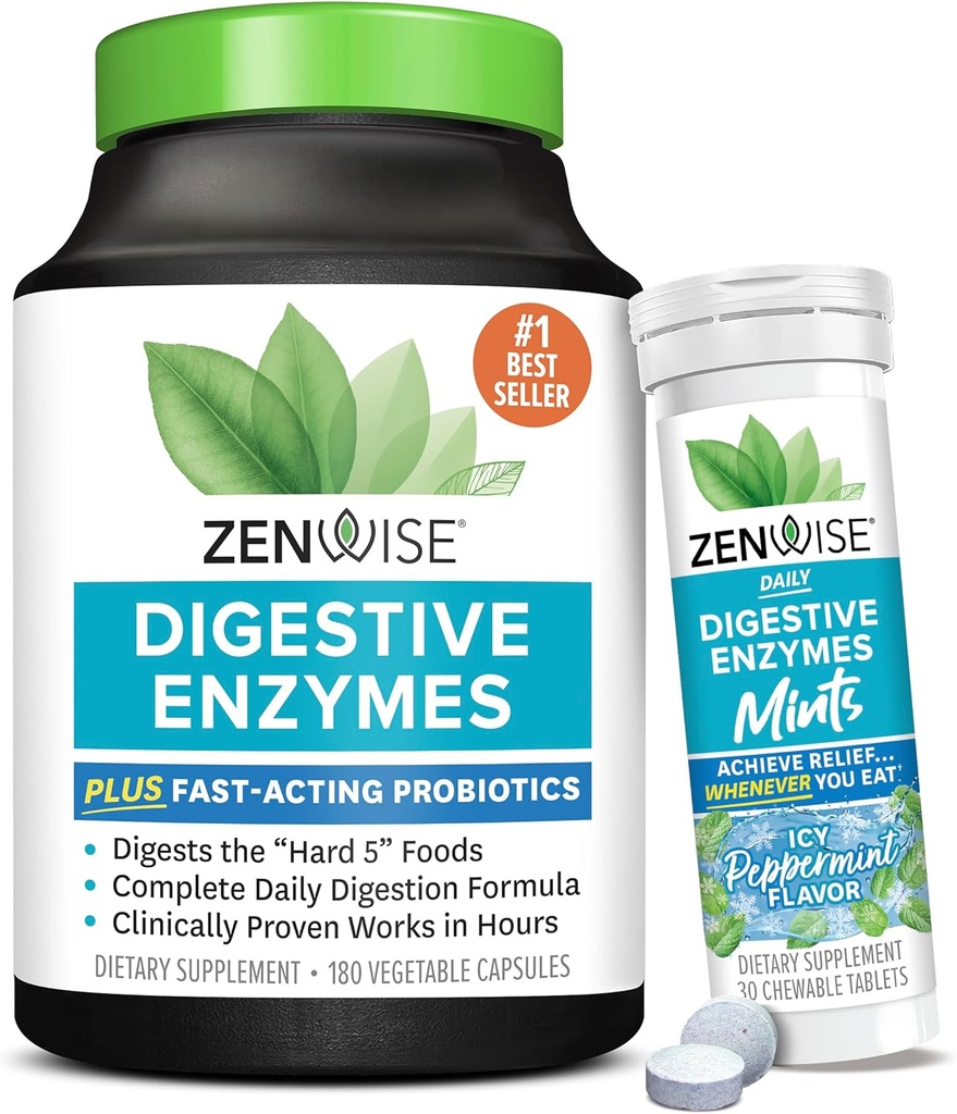 Enzymes digestifs de santé Zenwise et menthe poivrée à croquer – Enzymes digestifs, enzymes multiples probiotiques avec probiotiques pour les femmes et les hommes dans les capsules et la menthe poivrée pratique à croquer