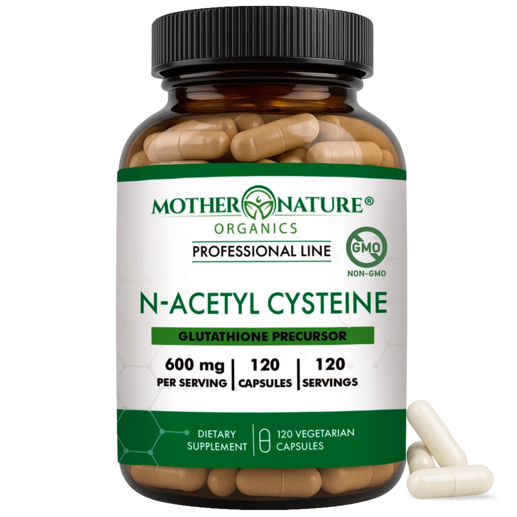 Mother Nature Organics NAC 600mg, bouteille de verre, N-acétyl Cysteine Antioxydant Glutathion Précurseur, soutien du foie et du poumon, immunitaire, santé respiratoire et désintoxication (120 Nombre)