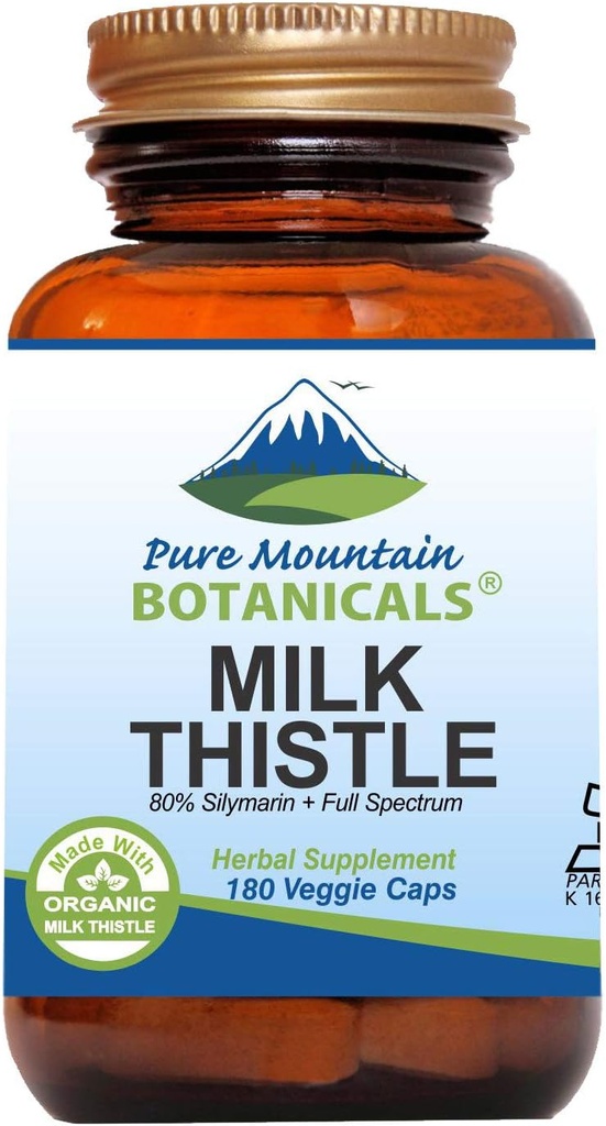 Pure Mountain Botanicals Thistle Lait de haute puissance -180 capsules de kasher végétalien avec 450mg de graines de chardon de lait biologique et extrait