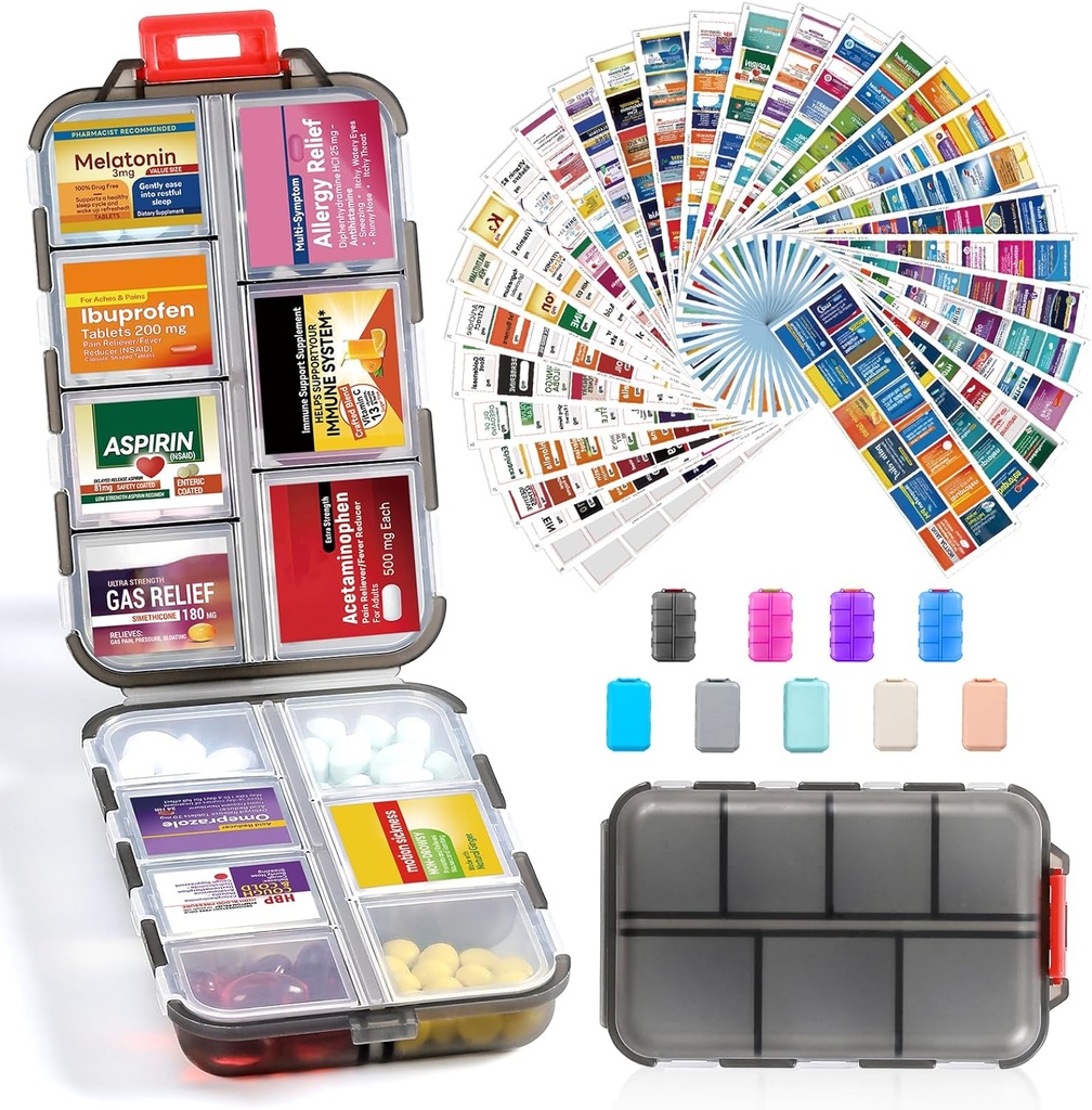 14 Grilles Boîte d'organisateur de pilules de voyage avec 415-Pcs Nom de la médecine Étiquettes - Pocket Daily Pharmacie Trousse de contenant de cas - Distributeur de médicaments de voyage pour l'huile de poisson entreposage de supplément de vitamine - Gris clair