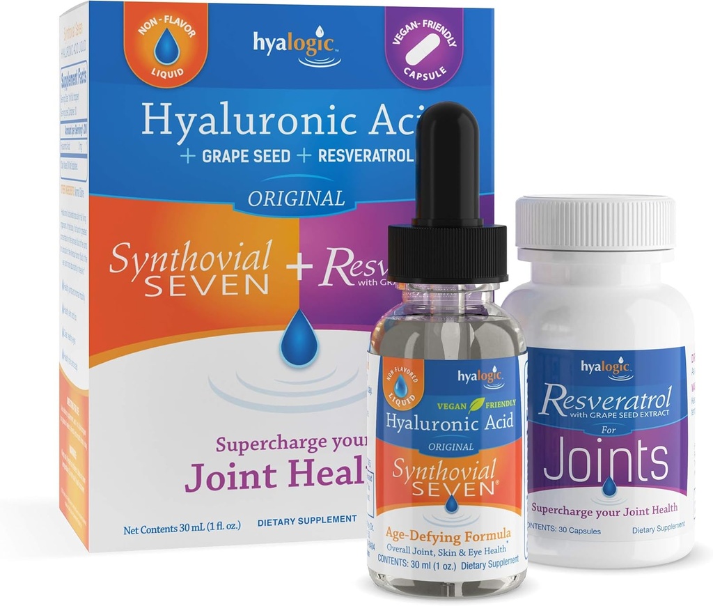 Hyalogic Synthovial Seven Hyaluronique Acid Liquid & Resvératrol Capsules - HA Joint Support - Vegan - 1 oz