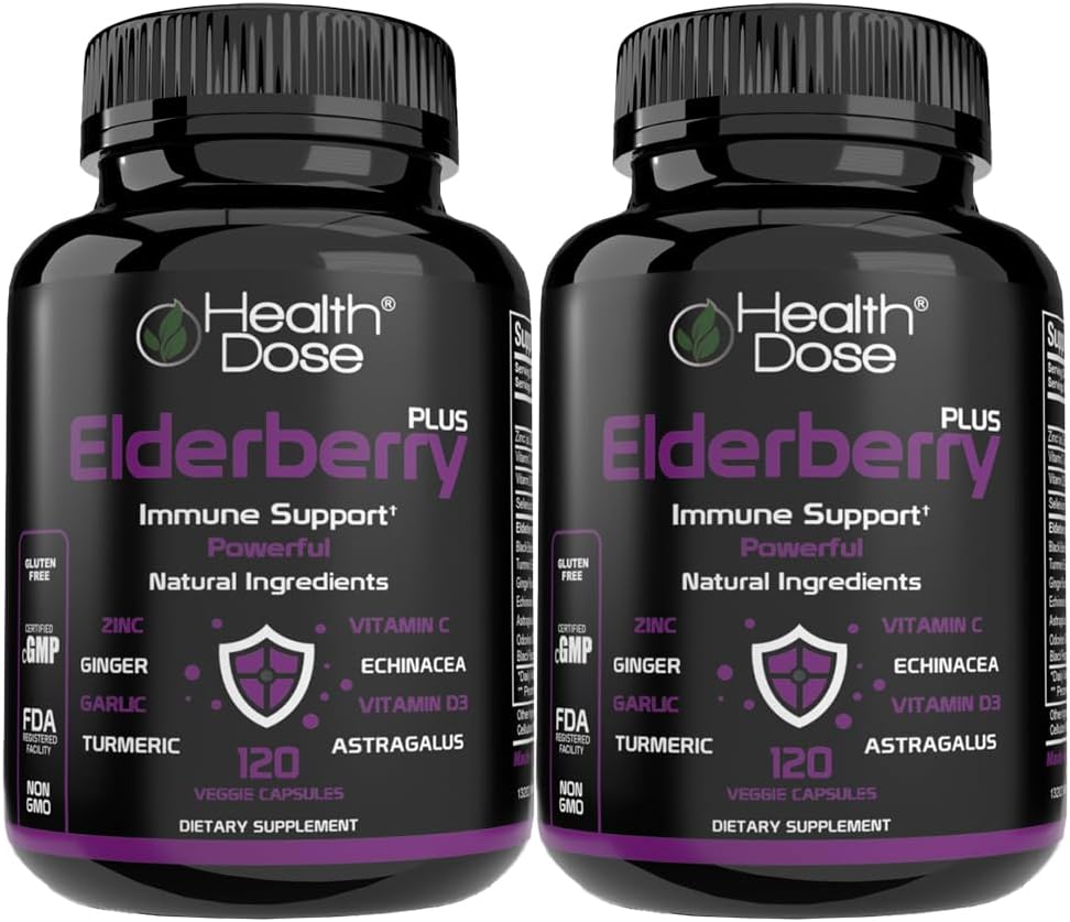 Dose santé Elderberry Plus Capsules – Supplément de soutien immunitaire aux vitamines C, D3, zinc, sélénium et 11 ingrédients pour le mieux-être de l'année – 120 Capsules de légumes, pack d'approvisionnement de 2 mois de 2