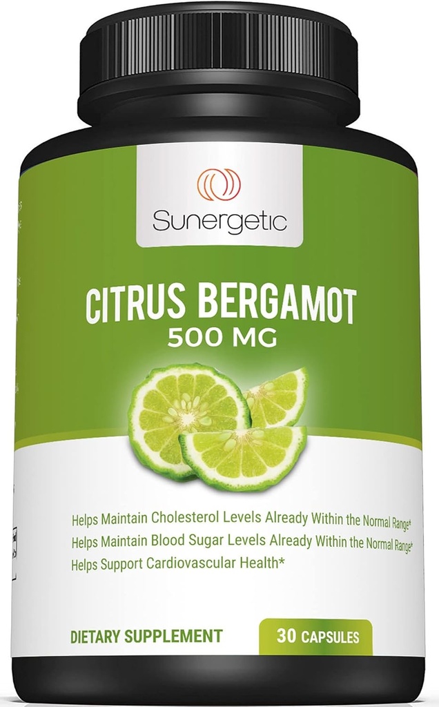 Capsules de Bergamote sunergetique–formulées avec extrait de Bergamote biologique–Étudié cliniquement Bergamonte® pour soutenir des niveaux de cholestérol sains dans une gamme normale–30 Capsules de Bergamote d'agrumes