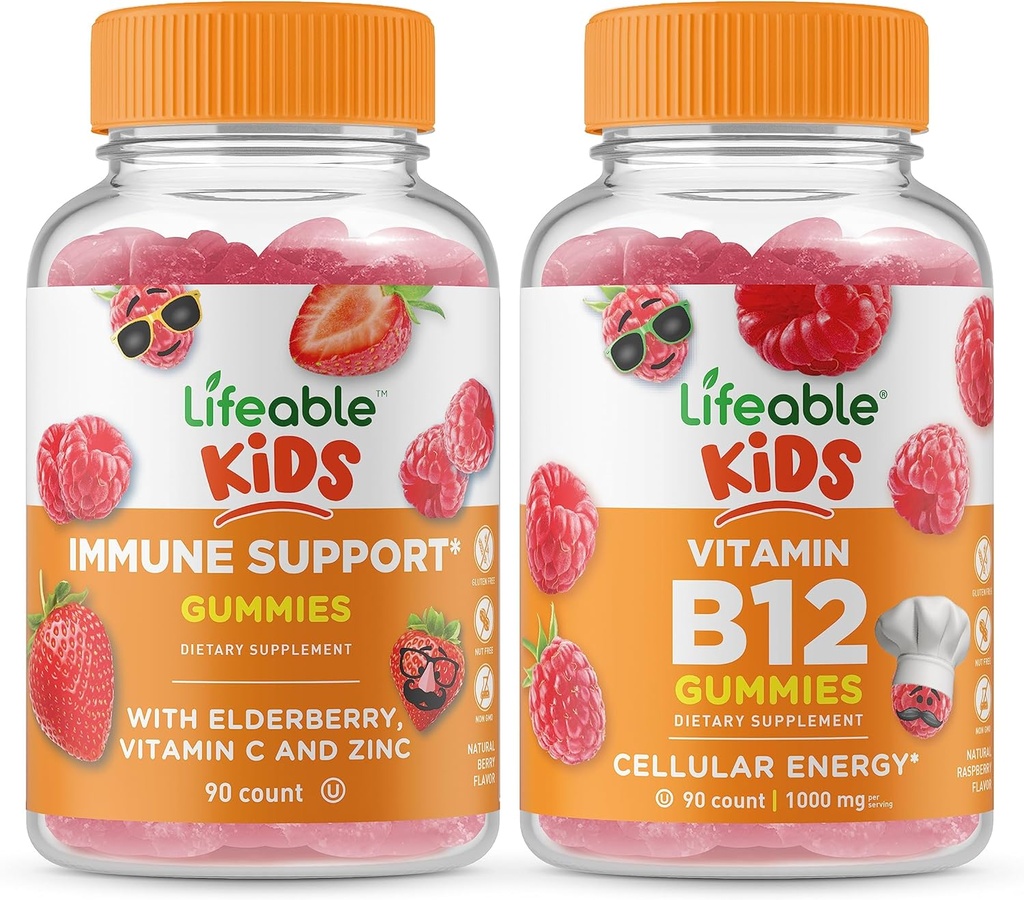 Soutien immunitaire durable Enfants + Vitamine B12 Enfants, Bundle de gommes - Grande dégustation, Supplément de vitamine, Sans gluten, Sans OGM, Gummy à croquer