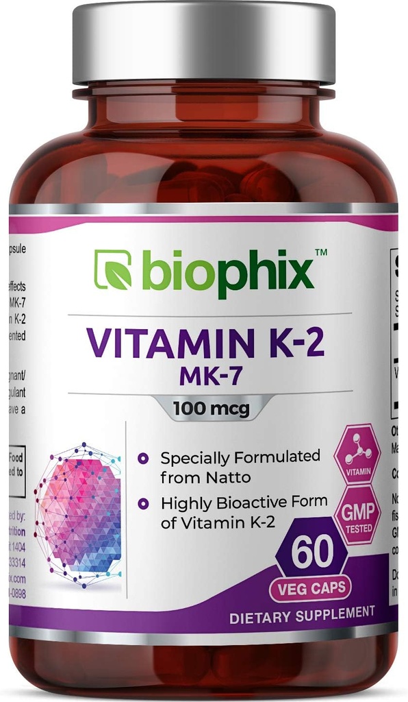 biophix Vitamine K2 MK-7-100 mcg 60 Capsules de légumes - Soutient la santé immunitaire des os forts