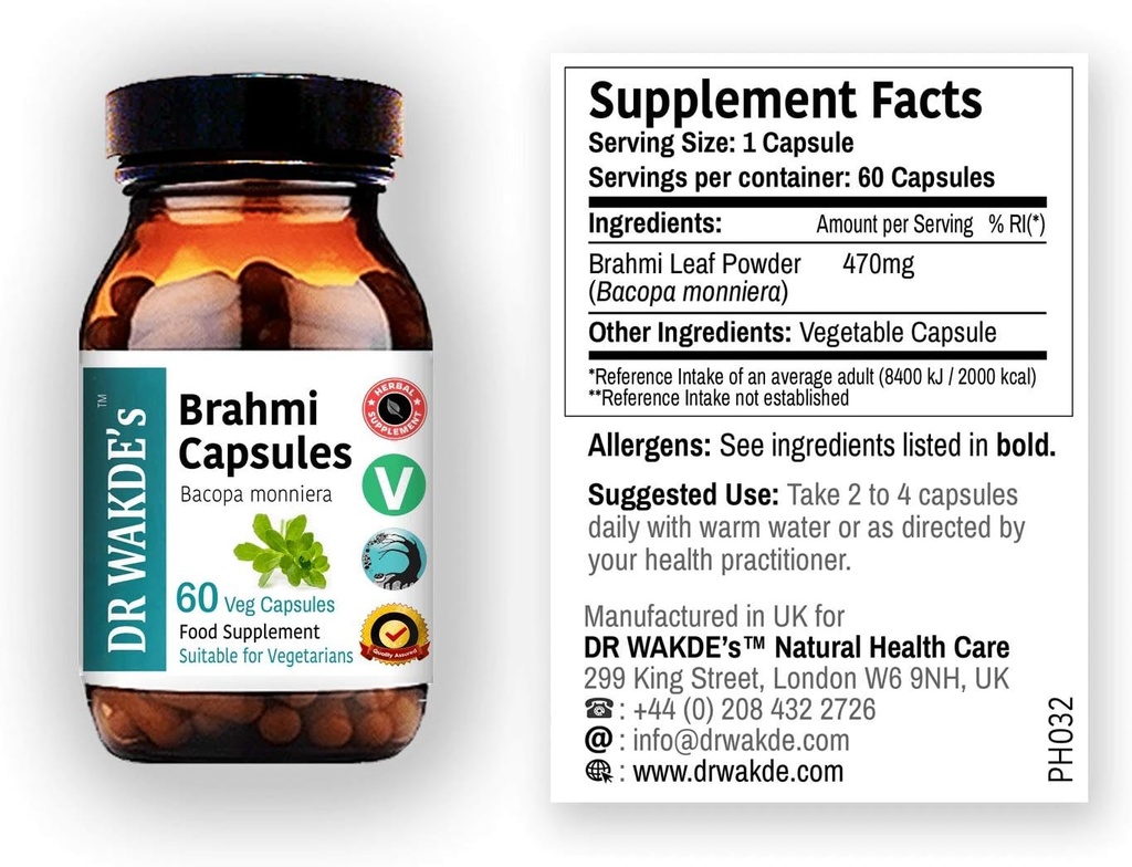 DR WAKDE'S Brahmi Capsules (Bacopa monniera, 60 Veg Caps, Supplément à base de plantes, Herbe ayurvédique, Tous naturels, végétaliens)