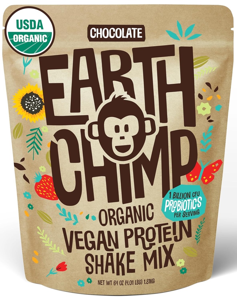 EarthChimp poudre de protéines végétales organiques - avec probiotiques - Non OGM, sans produits laitiers, sans lactosérum, poudre de protéines végétales pour les femmes et les hommes, sans gluten - 52 portions, 64 oz (chocolat)