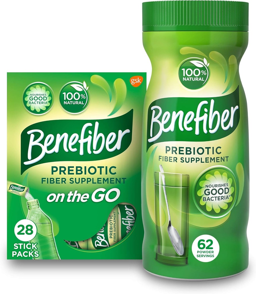 Benefiber Daily complément de fibre diététique prébiotique Powder Stick Packs, 28 Sticks, 3,92 Onces Chaque et Benefiber Daily supplément de fibre diététique prébiotique, 62 portions / 8,7 Ounces