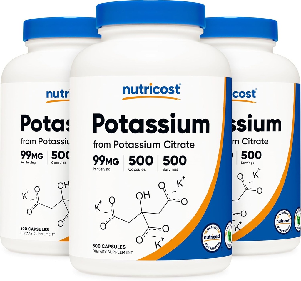 Citrate de potassium Nutricost 99mg, 500 gélules (3 flacons)