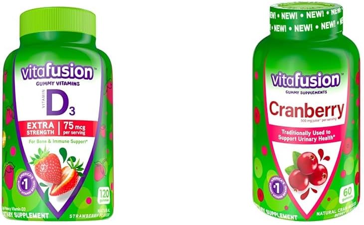 Vitafusion Extra Strength Vitamine D3 Gummy Strawberry Aromatisée Bone & Immune Support (120 comte) + Gummées de canneberge pour les femmes Urinary Health Support (60 comte)