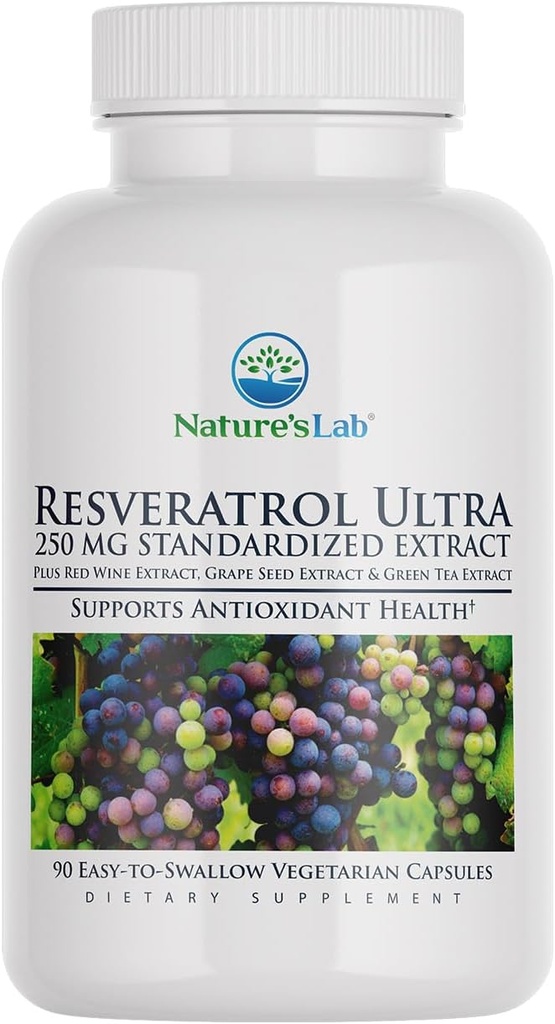 Nature's Lab Resveratrol Ultra - Supplément antioxydant* - 250mg Trans-Resveratrol, Extrait de vin rouge, Extrait de thé vert- Non-OGM, Sans gluten, Vegan – 90 Compte (3 mois d'approvisionnement)