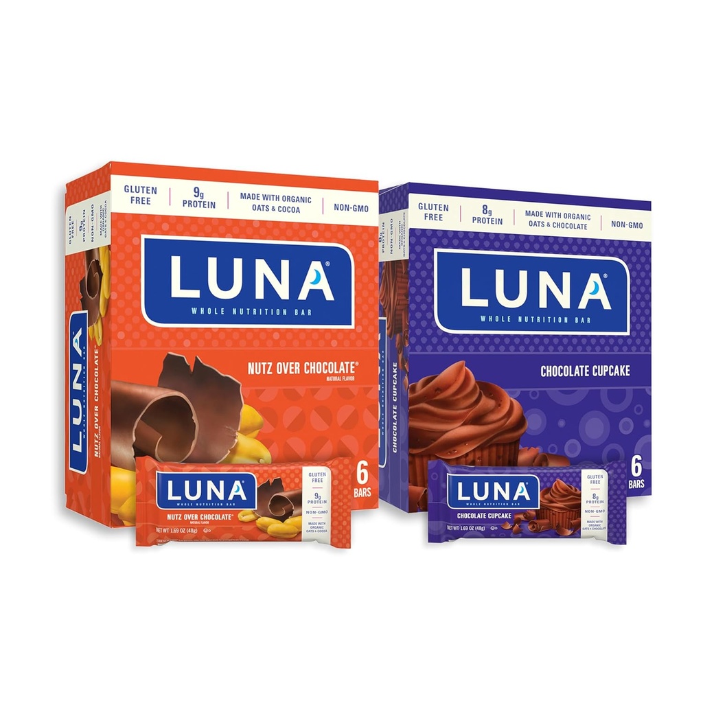 Barre LUNA - Lot de variétés - Nutz sur le chocolat et le chocolat Saveur de cupcake - Barres Snack - Non-OGM - Barres protéinées sans gluten - Fabriquées avec de l'avoine biologique (12 Boîtes, 2 Boîtes)