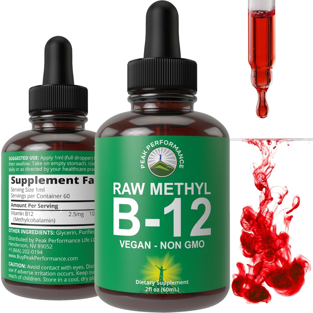 Méthyle brut B12 gouttes liquides. Sublingual Fast Aging Advanced Vegan B 12 supplément de vitamine liquide. Haute biodisponibilité méthylcobalamine B-12 Vitamines pour l'énergie, le focus et le soulagement. pour les hommes + les femmes