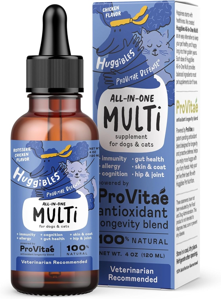 All-in-One Multi Liquid Multivitamin for Dogs and Cats – Daily Supplement with Digestive, Immunity, Allergy & Skin & Coat Support, Mobility Support – Antioxidant Blend for Longevity, 4oz