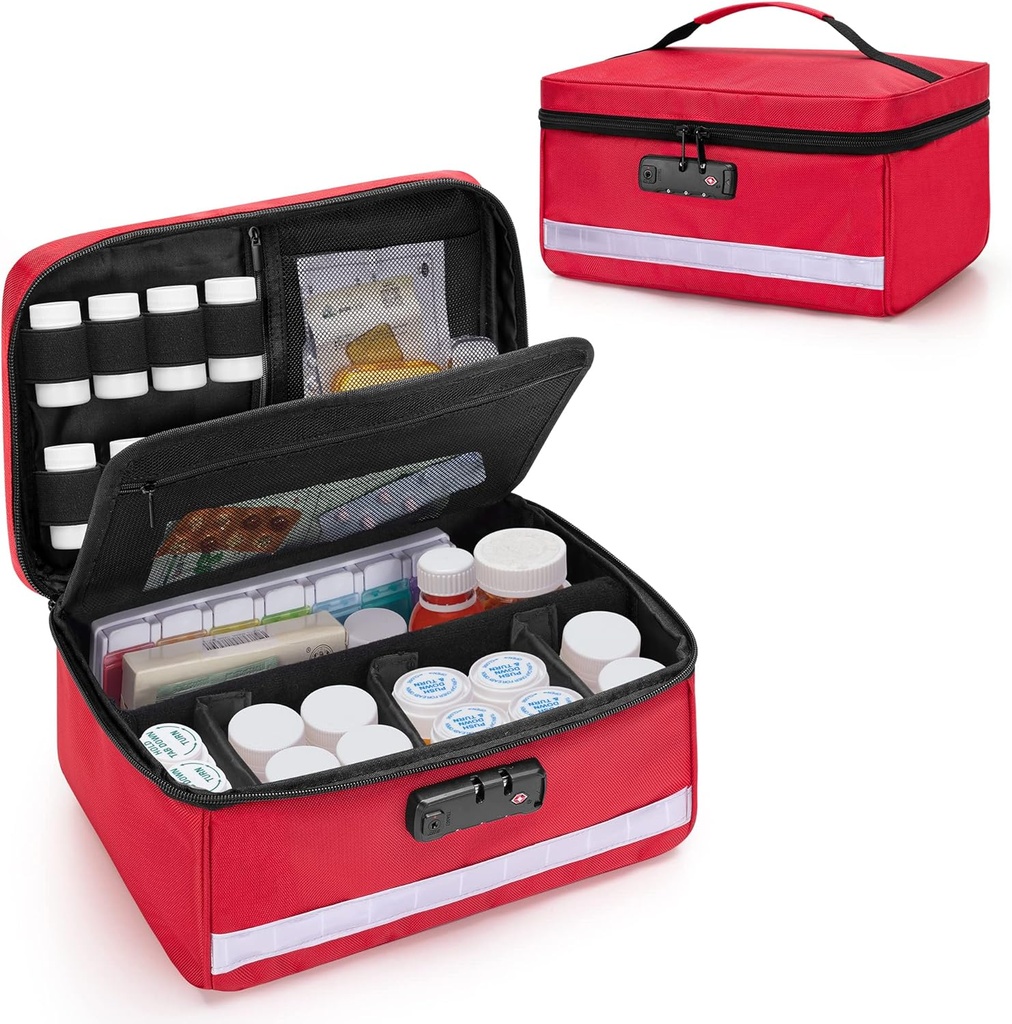 Damero Locking Pill Bouteille Organisateur avec diviseurs intérieurs, stockage de médicaments et organisateur sac Combinaison serrure pour la médecine, vitamines et fournitures médicales, rouge