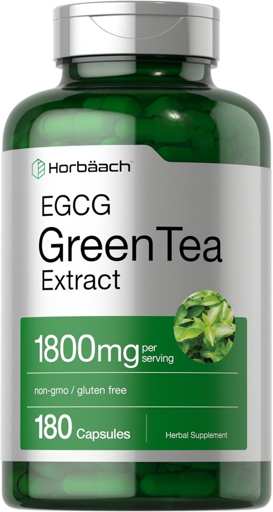 Horbäach EGCG Pilules d'extrait de thé vert (180 capsules) Potentialité maximale Supplément sans OGM et sans gluten