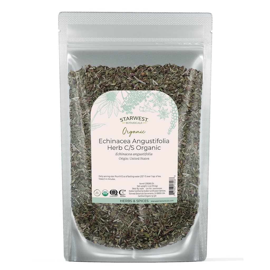 Starwest Botanicals Échinacées séchées Angustifolia Organic - Herbe de feuilles molles pour thé, teintures et mélanges naturels à base de plantes, coupées et tamisées, casher certifiée, non-OGM - 4 oz Pouch
