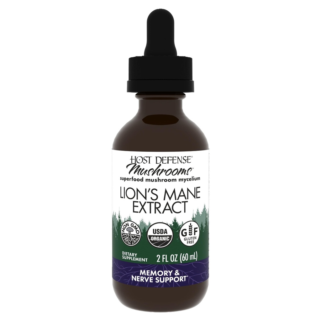 Host Defense Mushrooms Lion's Mane Extract - Lion's Mane Liquid Complement for Brain Health - Mushroom Support for Focus & Memory Function - Immune & Nervous System Support - 2 fl oz (60 portions)*