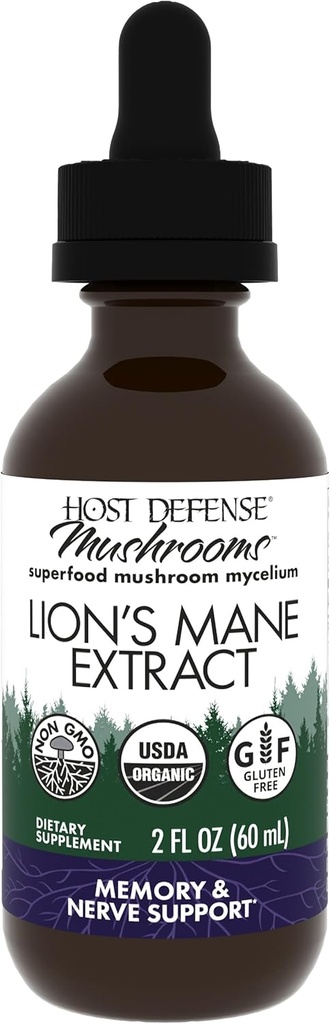 Host Defense Mushrooms Lion's Mane Extract - Lion's Mane Liquid Supplement for Brain Health - Mushroom Support for Focus & Memory Function - Immune & Nervous System Support - 2 fl oz (60 Servings)*