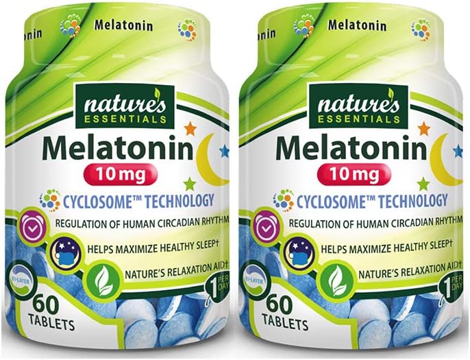 NATURE'S ESSENTIALS Melatonin 10mg. Release immédiate et prolongée.