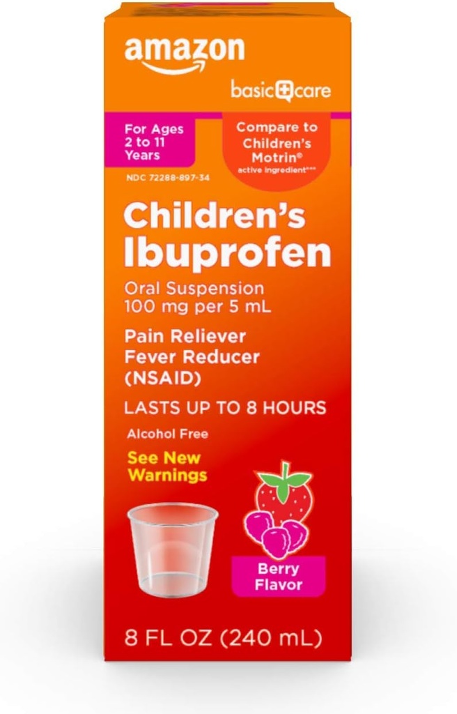Soins de base Ibuprofène pour enfants Suspension buvable, 100 mg par 5 mL, analgésique et réducteur de fièvre, goût de baie, pour la gorge douloureuse, soulagement des maux de tête et plus, 8 fl oz (paquet de 1)